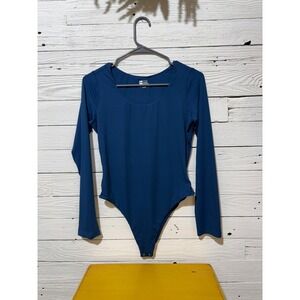 HYZ Womens Long Sleeve Scoop Neck Bodysuit Teal Blue XL Thong Back Snap Closure